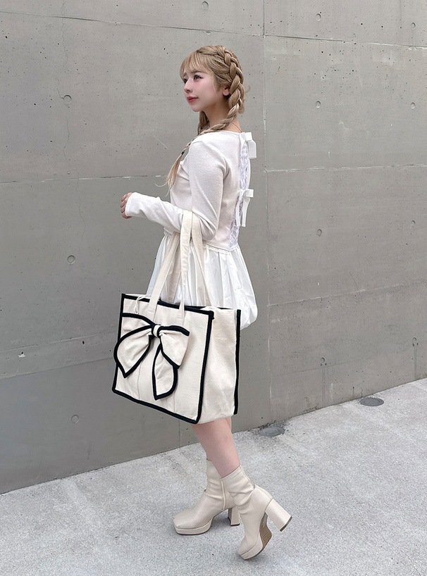 ビッグリボン配色キャンバストートバッグ