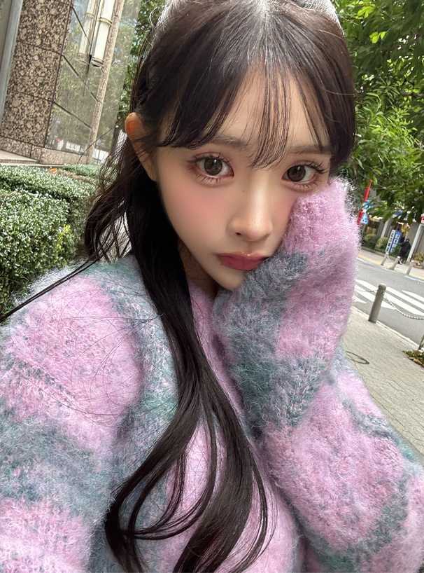 チェック柄ショート丈ブークレニットトップス[dh1297] | レディース