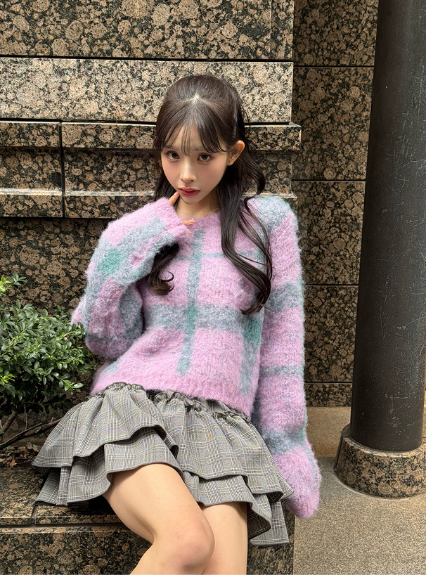 チェック柄ショート丈ブークレニットトップス[dh1297] | レディース