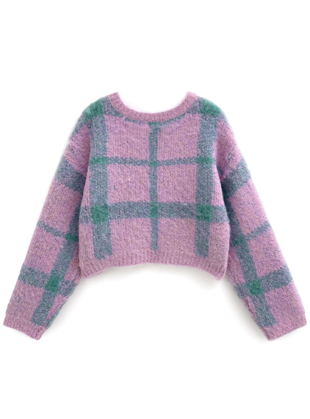 チェック柄ショート丈ブークレニットトップス