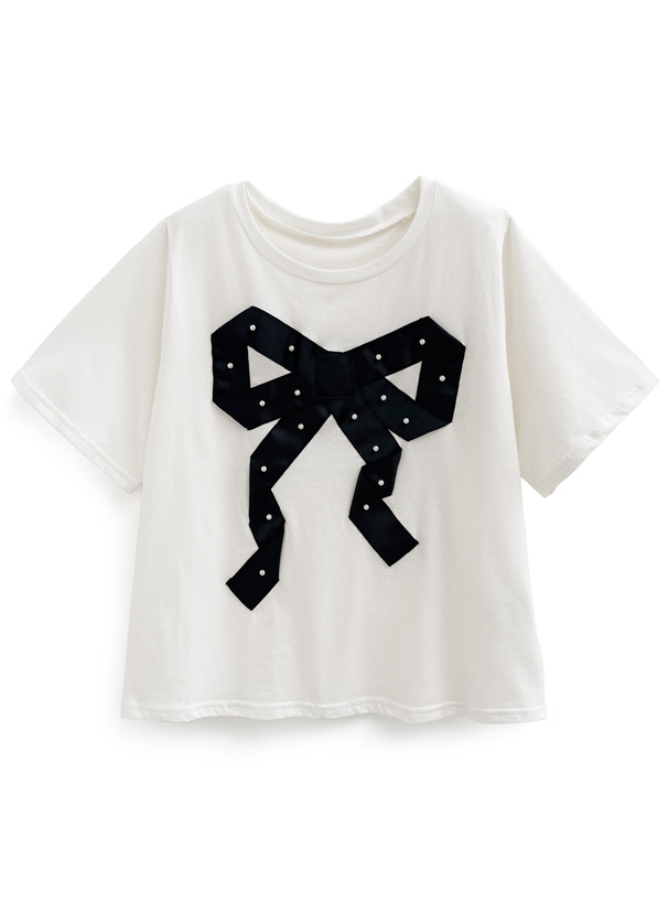 パールリボンモチーフTシャツ[dh1301] | レディースファッション通販の