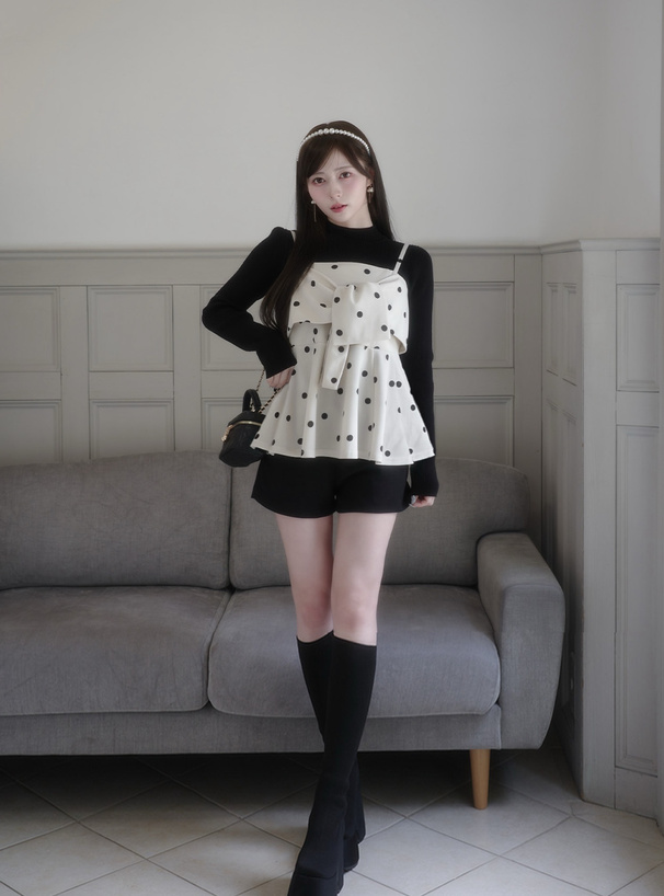 リボンデザインドット柄キャミソールトップス[dh1372] | レディース