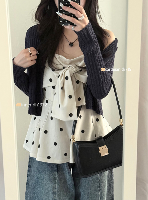 リボンデザインドット柄キャミソールトップス