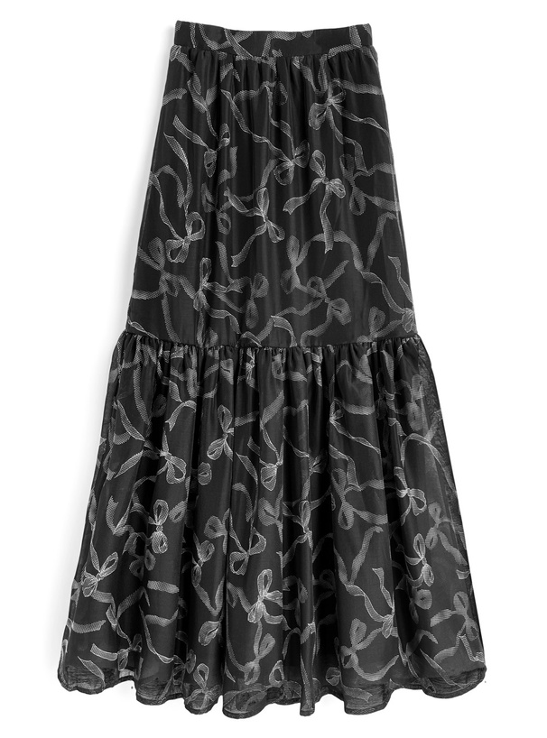 リボン柄シアーティアードスカート[dh1381]