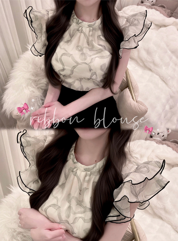 リボン柄シフォンブラウス