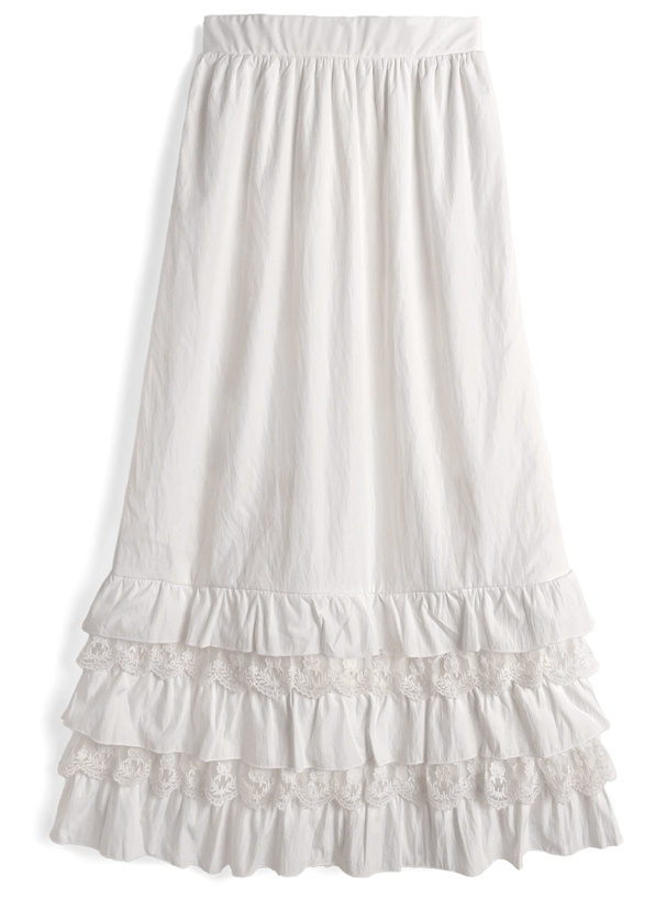 レース切替ティアードフリルロングスカート