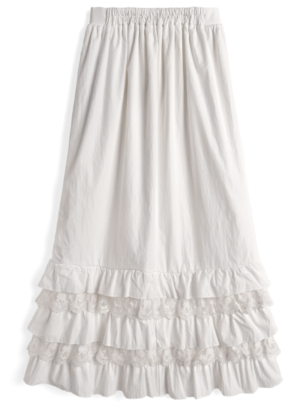 レース切替ティアードフリルロングスカート