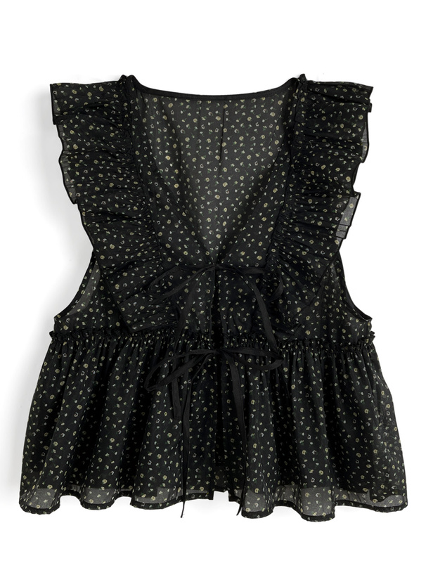 フリルリボン花柄シフォンブラウス[dh1392]