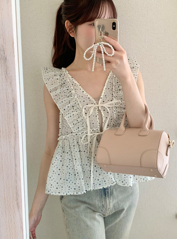 フリルリボン花柄シフォンブラウス