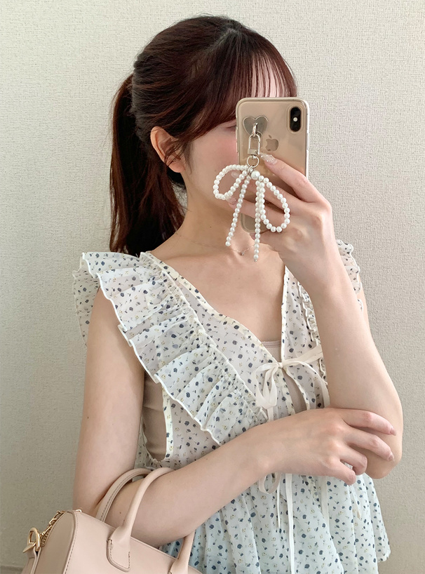 フリルリボン花柄シフォンブラウス