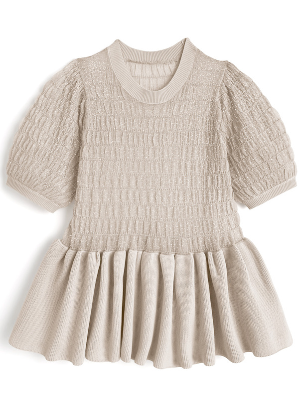 ラメシアーペプラム半袖ニットトップス