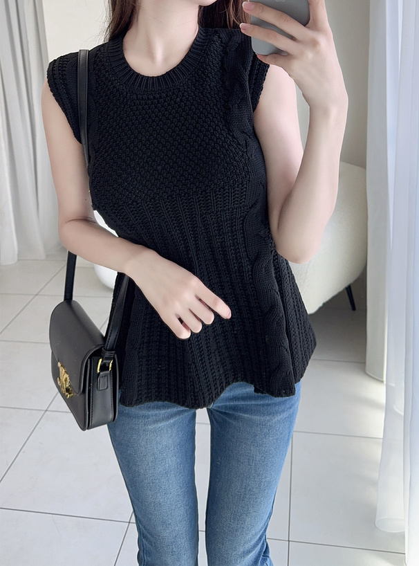 ケーブル編みペプラムノースリーブニットトップス