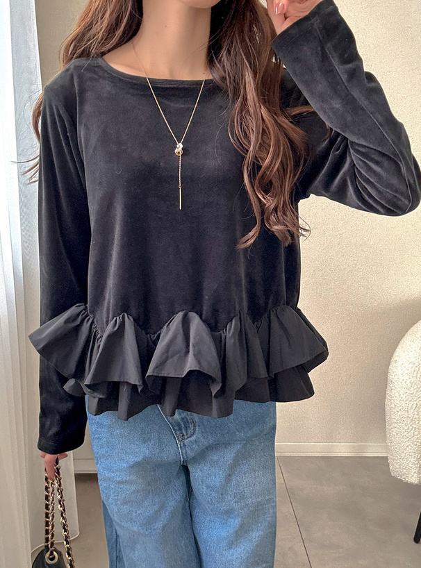 裾フリルペプラムベロアトップス[dh1411] | レディースファッション