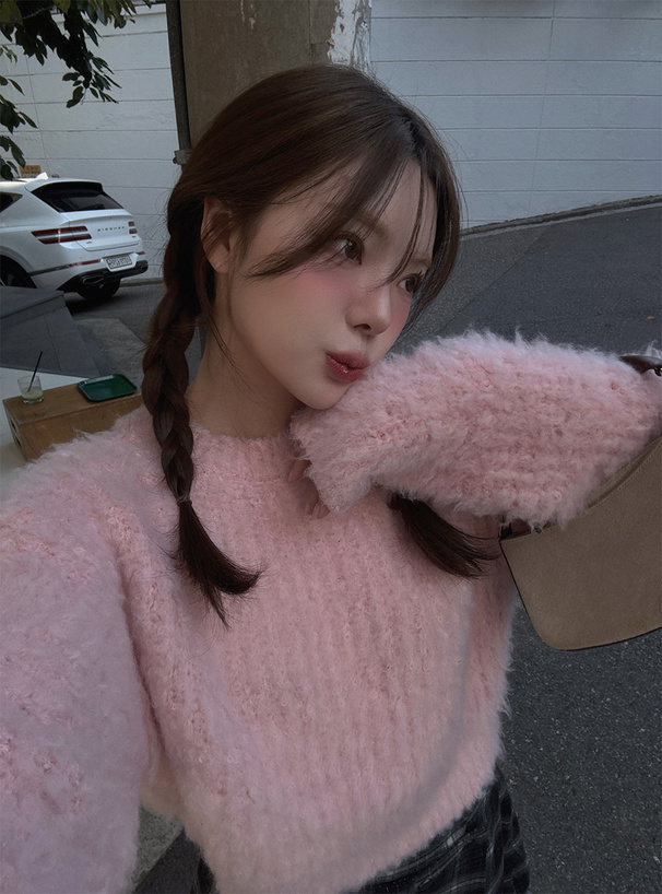 シャギーショート丈ニットトップス