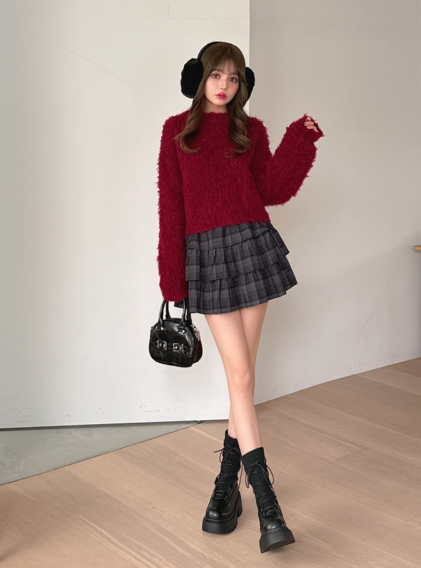 シャギーショート丈ニットトップス