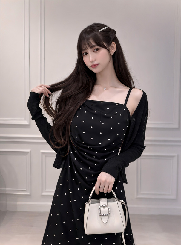 ドット柄ドレープキャミソールワンピース