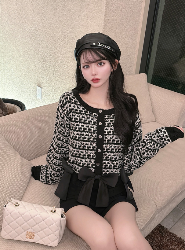 リボンツイードニットカーディガン