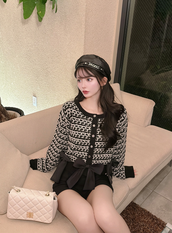 リボンツイードニットカーディガン