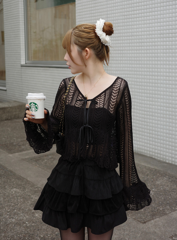 透かし編みリボンニットカーディガン