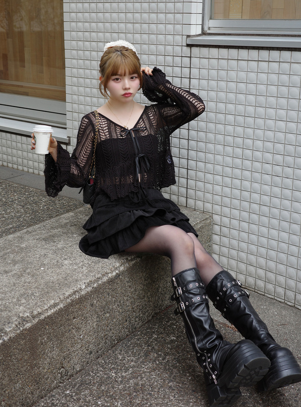 透かし編みリボンニットカーディガン