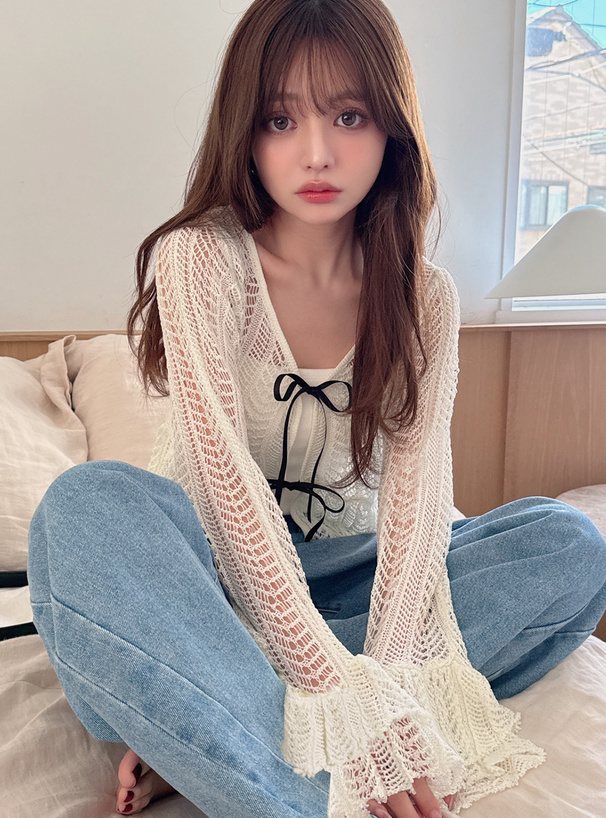 透かし編みリボンニットカーディガン