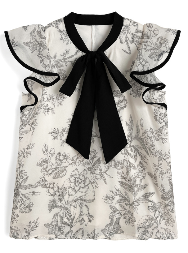 花柄ボウタイノースリーブブラウス