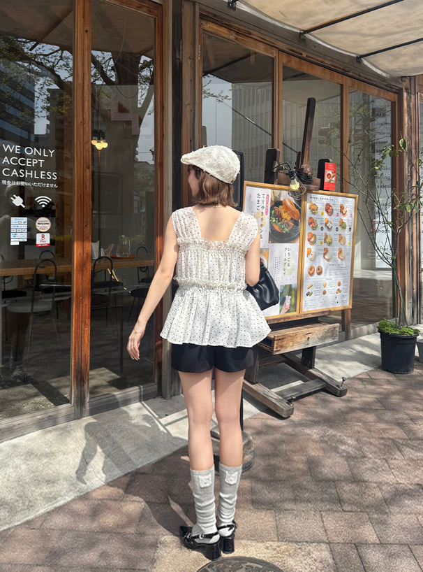 ドット柄シャーリングリボンノースリーブシアートップス