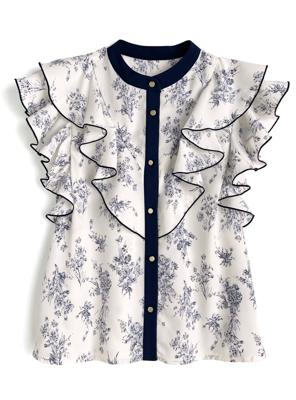 花柄ラッフルフリルノースリーブブラウス