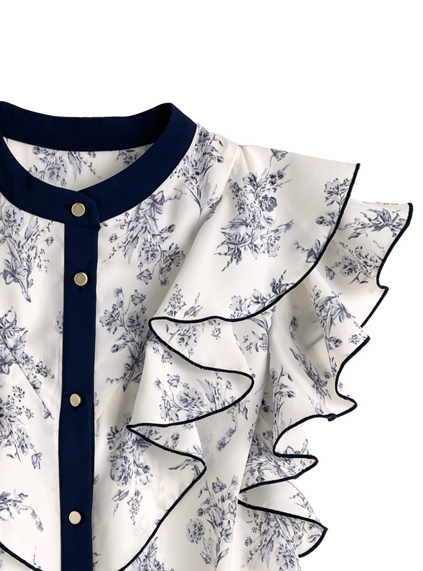 花柄ラッフルフリルノースリーブブラウス