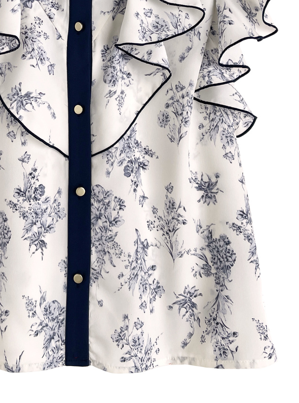 花柄ラッフルフリルノースリーブブラウス