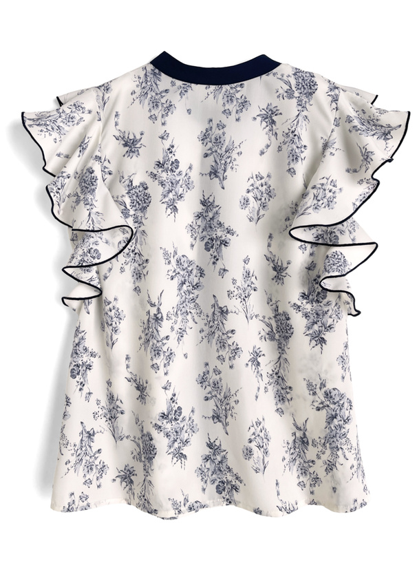 花柄ラッフルフリルノースリーブブラウス