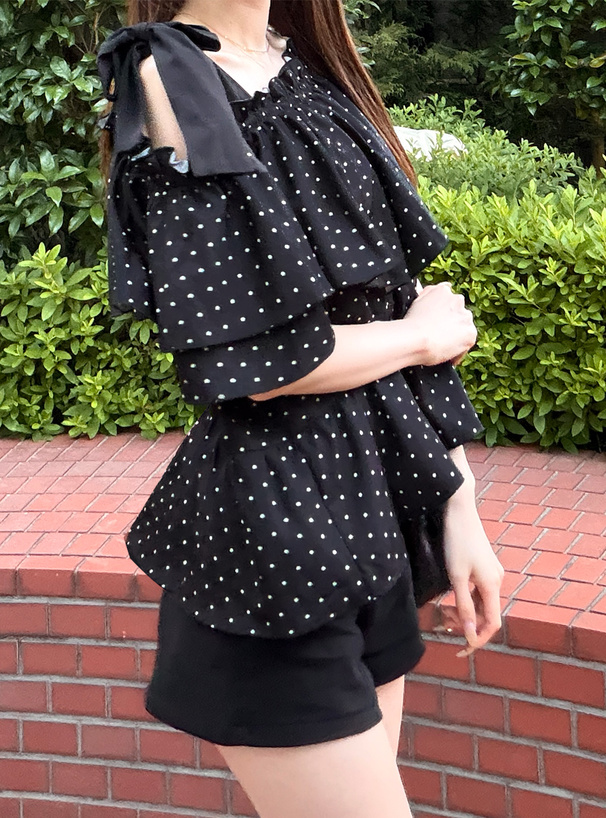 2Wayドット柄ショルダーリボンフリルブラウス