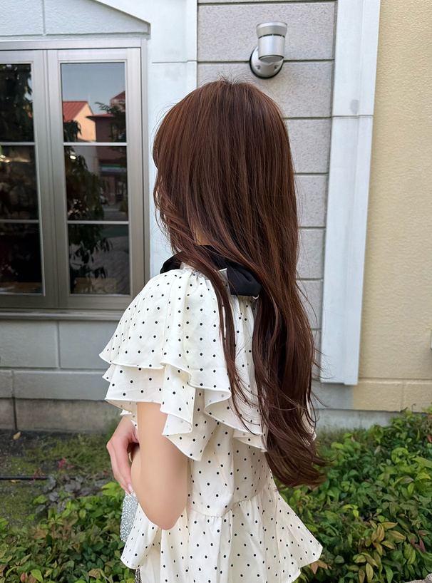 2Wayドット柄ショルダーリボンフリルブラウス