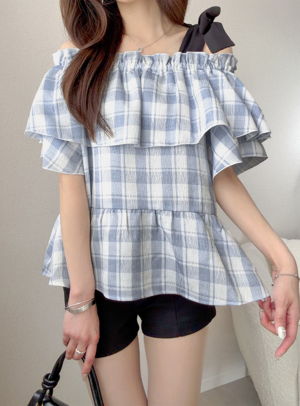 2Wayチェック柄ショルダーリボンフリルブラウス