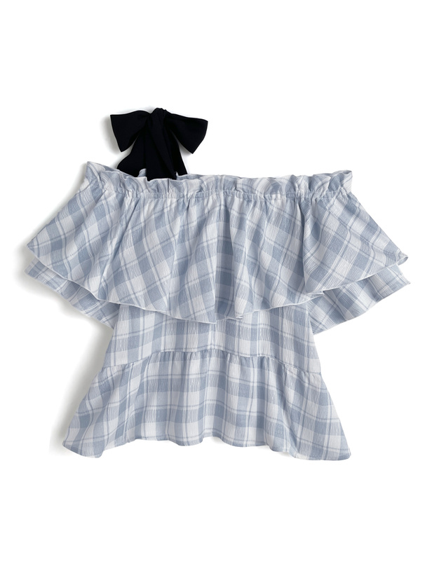 2Wayチェック柄ショルダーリボンフリルブラウス