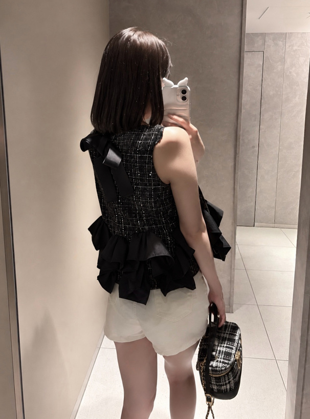 バックリボンフリルツイードノースリーブブラウス