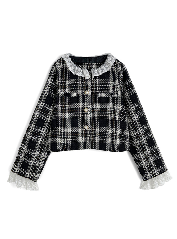 2Wayレース付きロービングチェックパールボタンジャケット