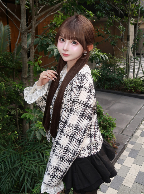 2Wayレース付きロービングチェックパールボタンジャケット