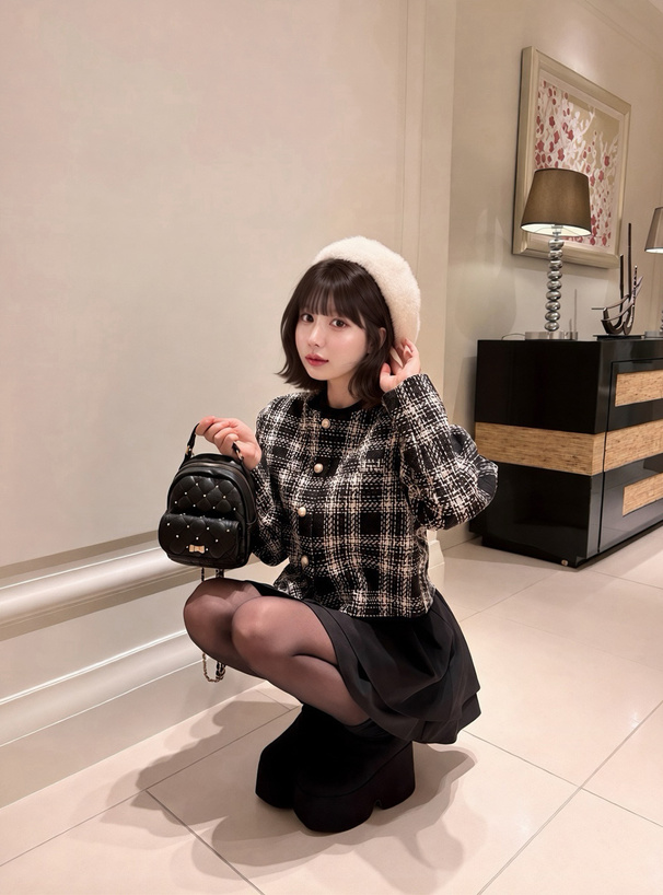 2Wayレース付きロービングチェックパールボタンジャケット