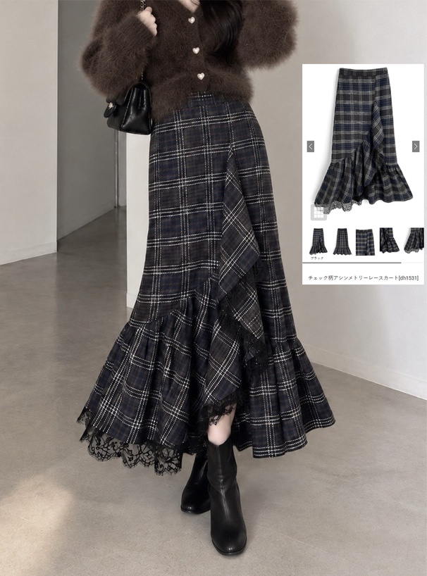 チェック柄アシンメトリーレースカート