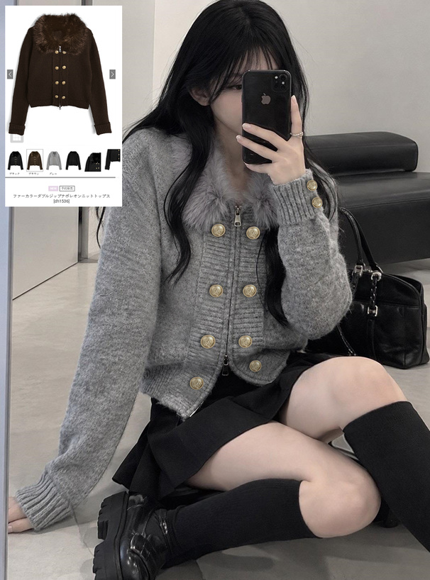ファーカラーダブルジップナポレオンニットトップス