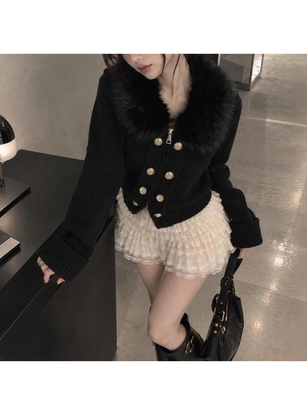 ファーカラーダブルジップナポレオンニットトップス