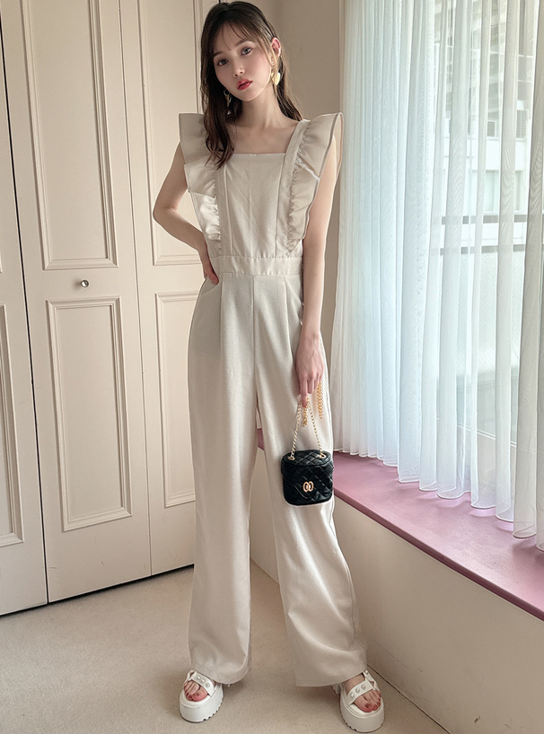 バックリボンショルダーフリルオールインワン