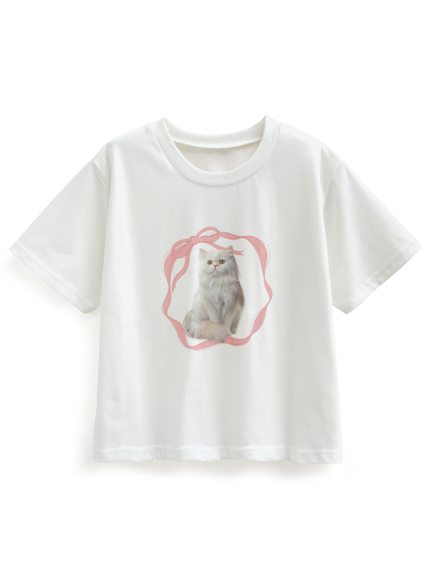 キャットプリントショート丈Tシャツ