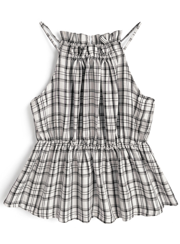 チェック柄ホルターネックペプラムトップス