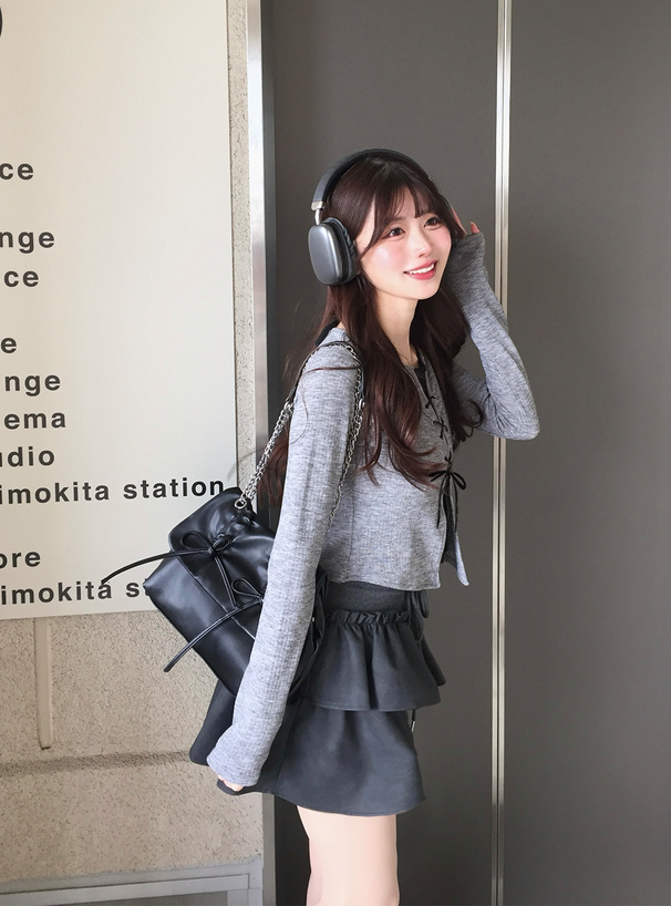 Newalrin トップス グレー +スリーブレス黒セット スクエアネックフレアスリーブリブニットトップス[ru1056