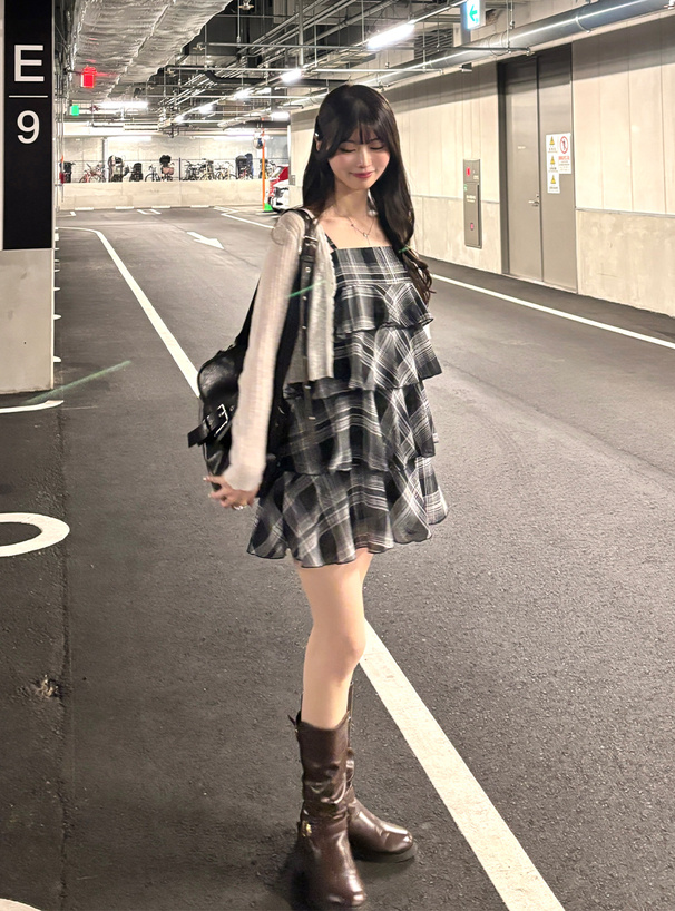 チェック柄シアーティアードキャミミニワンピース[dk1347