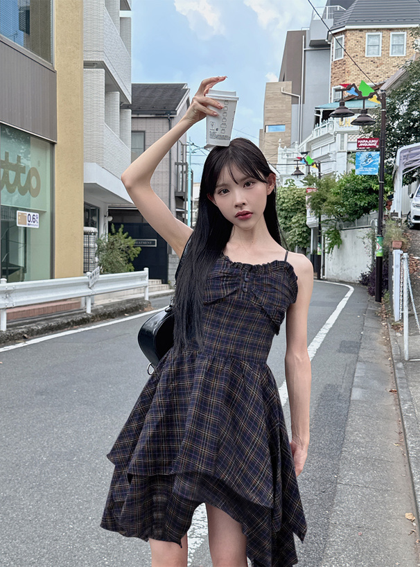 チェック柄イレヘムフレアキャミワンピース