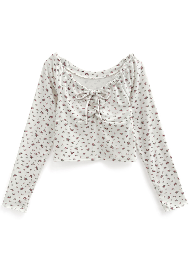 ギャザーリボン花柄ショート丈トップス[dk1365]