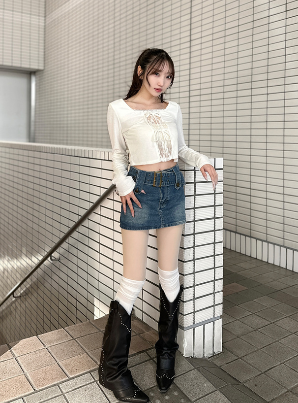 リボンスクエアネックレースリブトップス